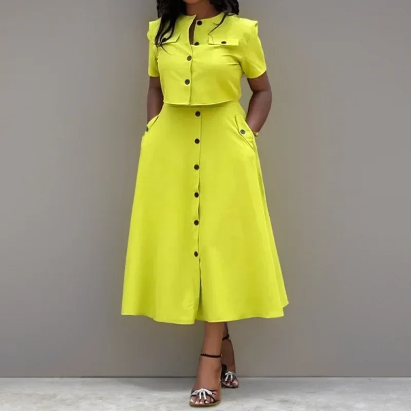 

Summer New Temperament Skirts Two-piece Set Women Outfits Round Neck Short Sleeve Button Top Breasted Elegant Skirt Suit