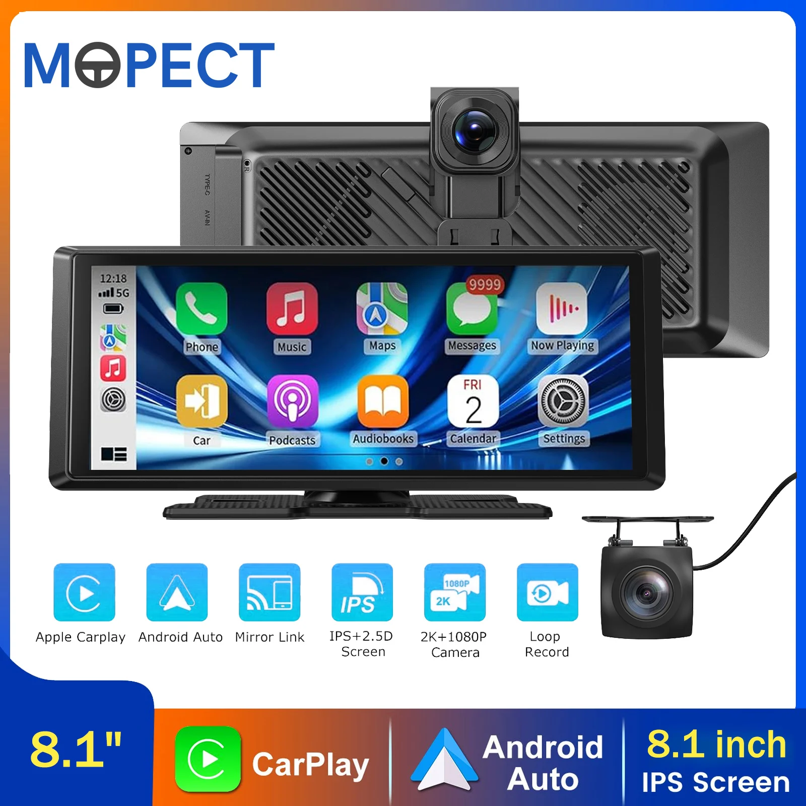 MOPECT 8,1 Zoll 4K+1080P Autoradio mit kabellosem Apple CarPlay und Android Auto, Touchscreen, DVR, Dual-Lens-Videorekorder, Mirror Link, WLAN, Bluetooth, FM und Rückfahrkamera