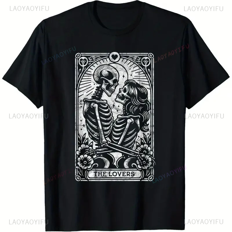 

The Lovers Vintage Skeleton Couple Skull Gothic Tarot Card Shirt Black Round Collar Modal shirt Funny Christmas Gift Streetwear