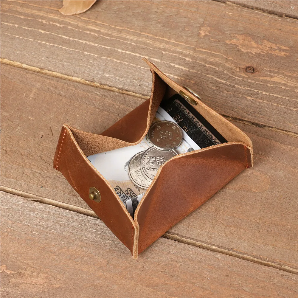 1149 Unisex Casual Leather Coin Purse, Cowhide Crazy Horse Change Bag, Brown Retro Snap Button Coin Bag