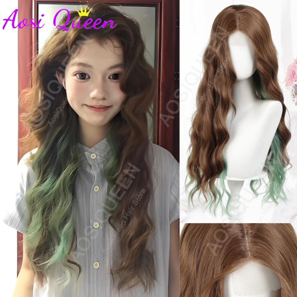 28 Inch Body Wave Highlight Mint Green Lace Front Wig Synthetic Lace Wig for Women Cosplay Party Halloween Heat-Resistant Wig