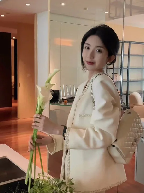 

Элегантный белый кардиган с круглым вырезом, женская верхняя одежда, повседневный свободный крой, длинный рукав, топ в стиле французского шика