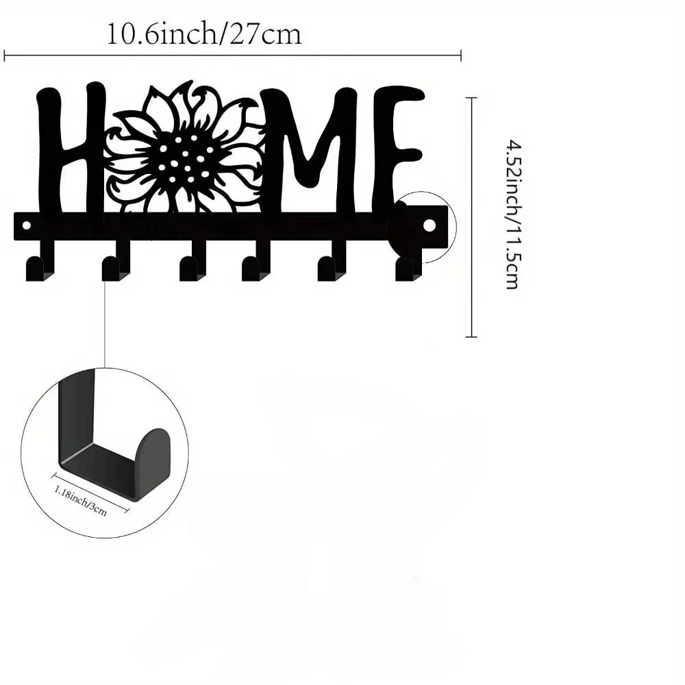 CIFBUY Sunflower Alphabet Black Iron Metal Key Hook Wall Sculpture For Hallway Porch Organize Keys Clothes Home Decor