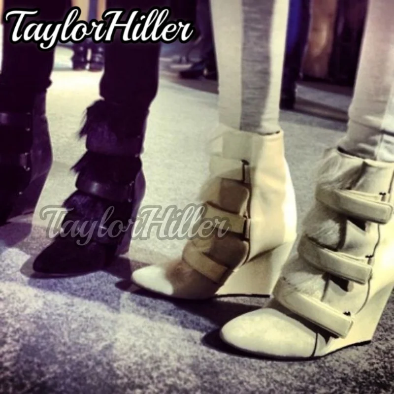 Black Fur Boots Pointed Toe Botas Women Luxury Designer Shoes Multi Buckle 2025 New Winter Sport Mid-calf Booties Solid Zapatos view 5