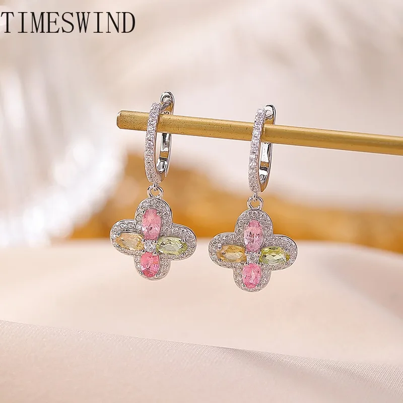 

TIMESWIND Original Tourmaline Multi-color Clover Full Zircon Women S925 Earrings Fashion Jewelry with Certificate
