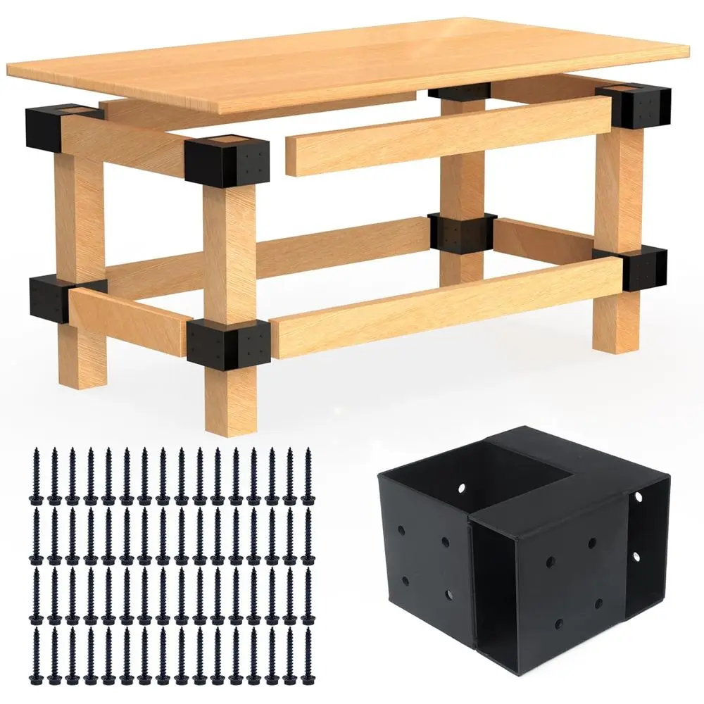 

Heavy Duty Workbench Bracket Kit – Set o 4 Steel 3-Way Brackets or 4x4 and 2x4 Lumber, Ideal or DIY Garage Work Bench Legs, Wood