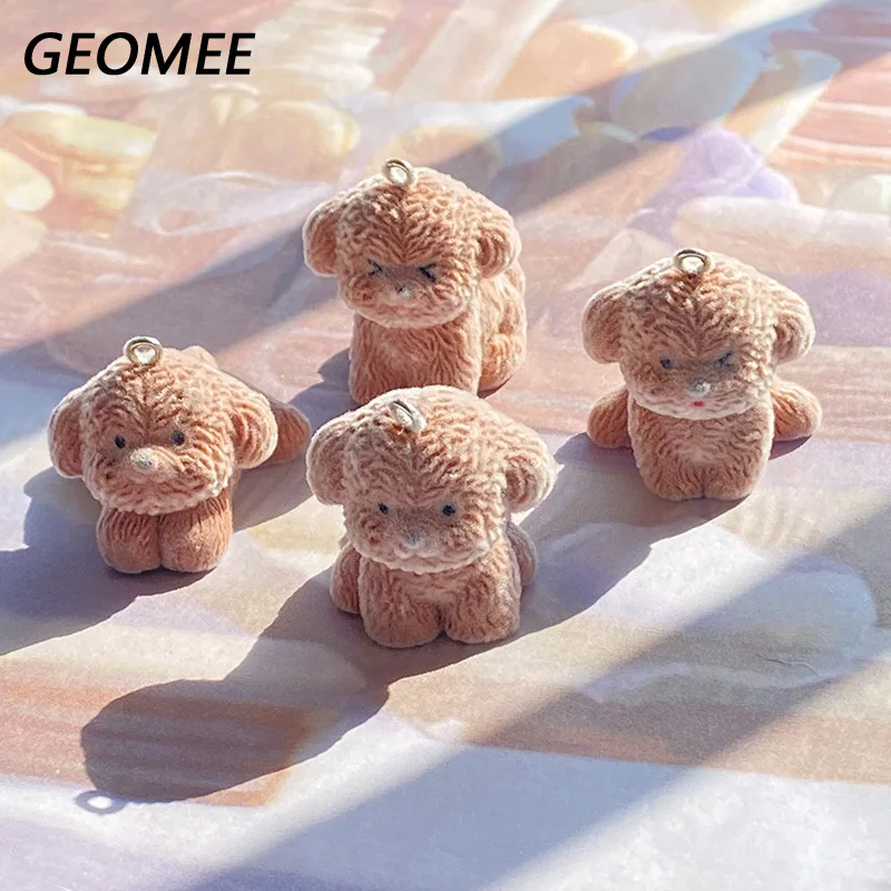 4pcs Flocked Teddy Puppy Resin Charms Kawaii 3D Dog Crafts Animal Pendant For Pet Bag Keychains Diy Jewelry Make