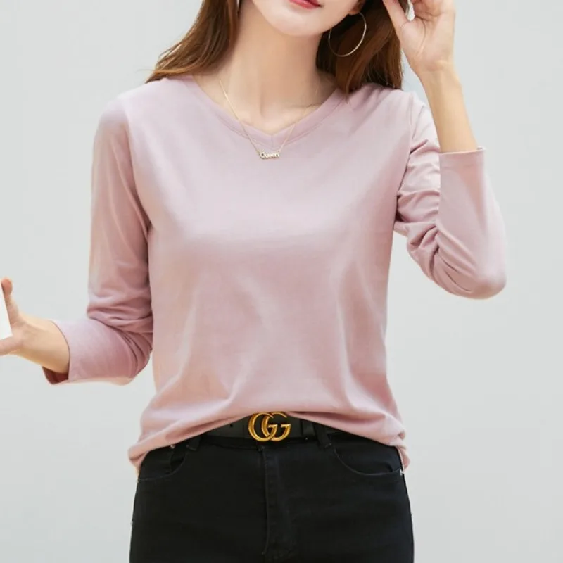 

Spring Autumn Round Neck Women's Pullover V-Neck Solid Vacation Long Sleeve Undershirt T-shirt Office Lady Fashion Casual Tops