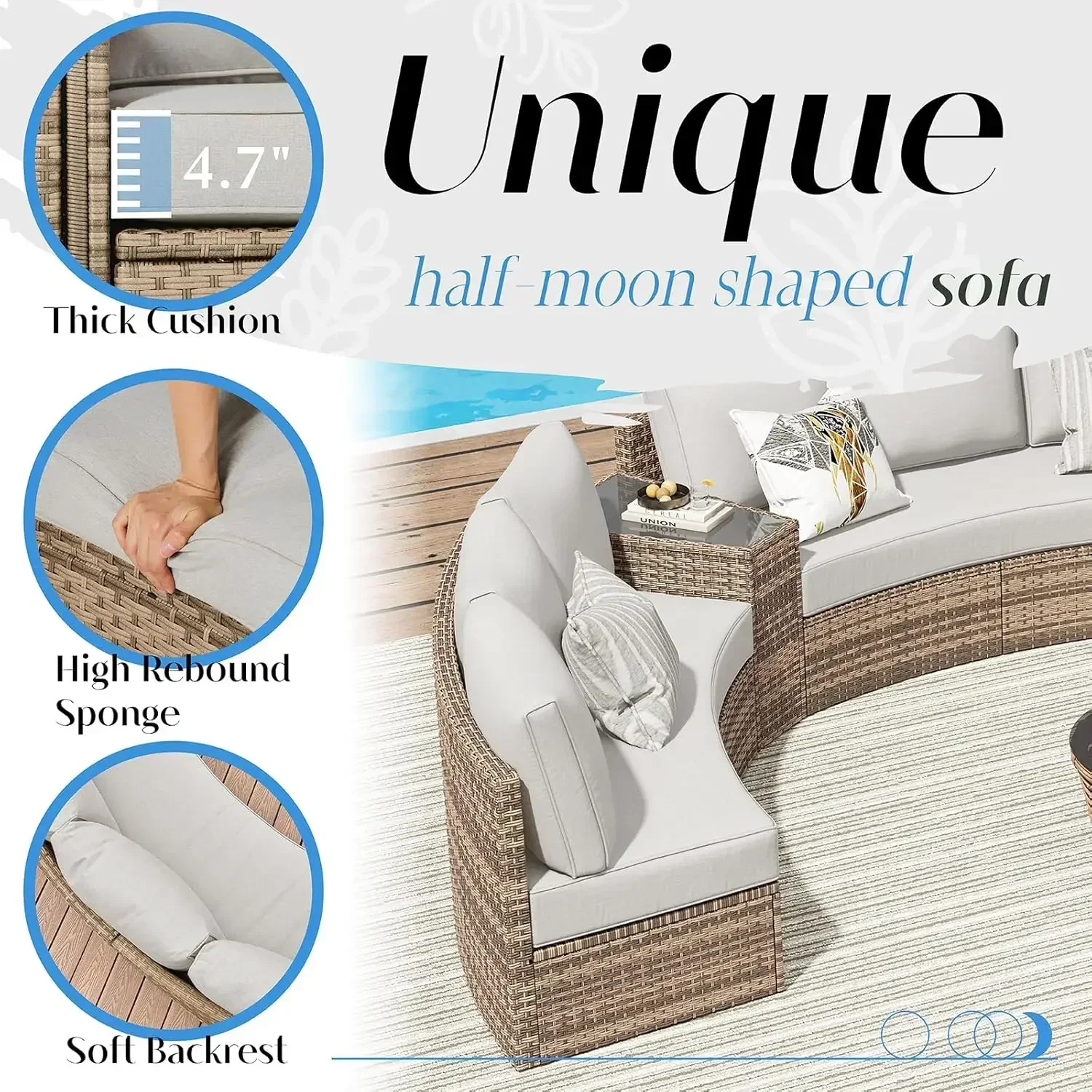 

(XMSJ-Hot) Комплекты садовой мебели, 11-предметный модульный круглый диван-полумесяц, уличная мебель для патио с подушками и приставным столиком