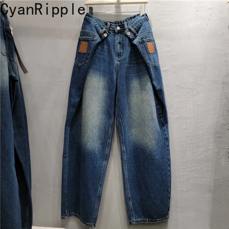 Hot Chick Personality Double Layered Elastic High Waist Loose Straight Jeans New Spring Autumn Wide Leg Casual Blue Denim Pants