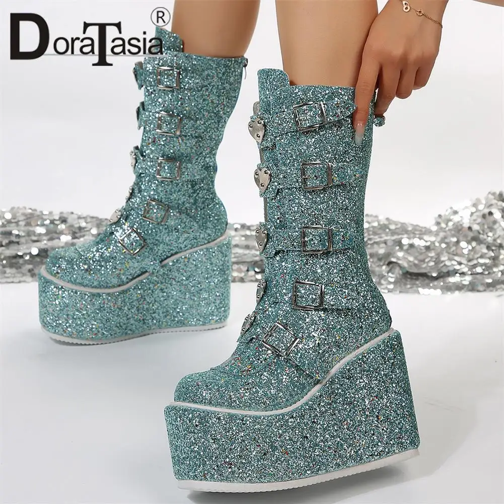 

Brand New Ladies Platform Glitter Boots Fashion Heart Buckle Punk Goth Wedges High Heels women's Boots Party Cosplay Woman Shoes