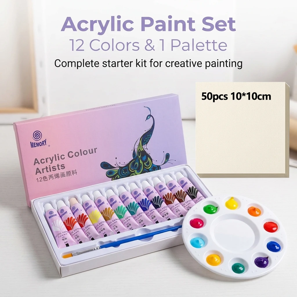 Acrylic Painting Kit 12/24 Colors 5ml Each Palette And 50 Sheets 10x10cm Watercolor Paper Suitable for Students Painting Set