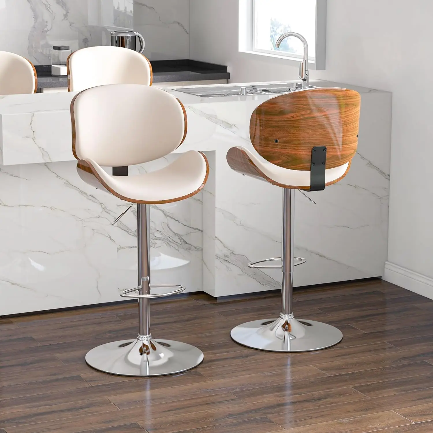 Adjustable Swivel Bar Stools Set of 2, Modern Bentwood Barstool with Large Metal Base and Footrest