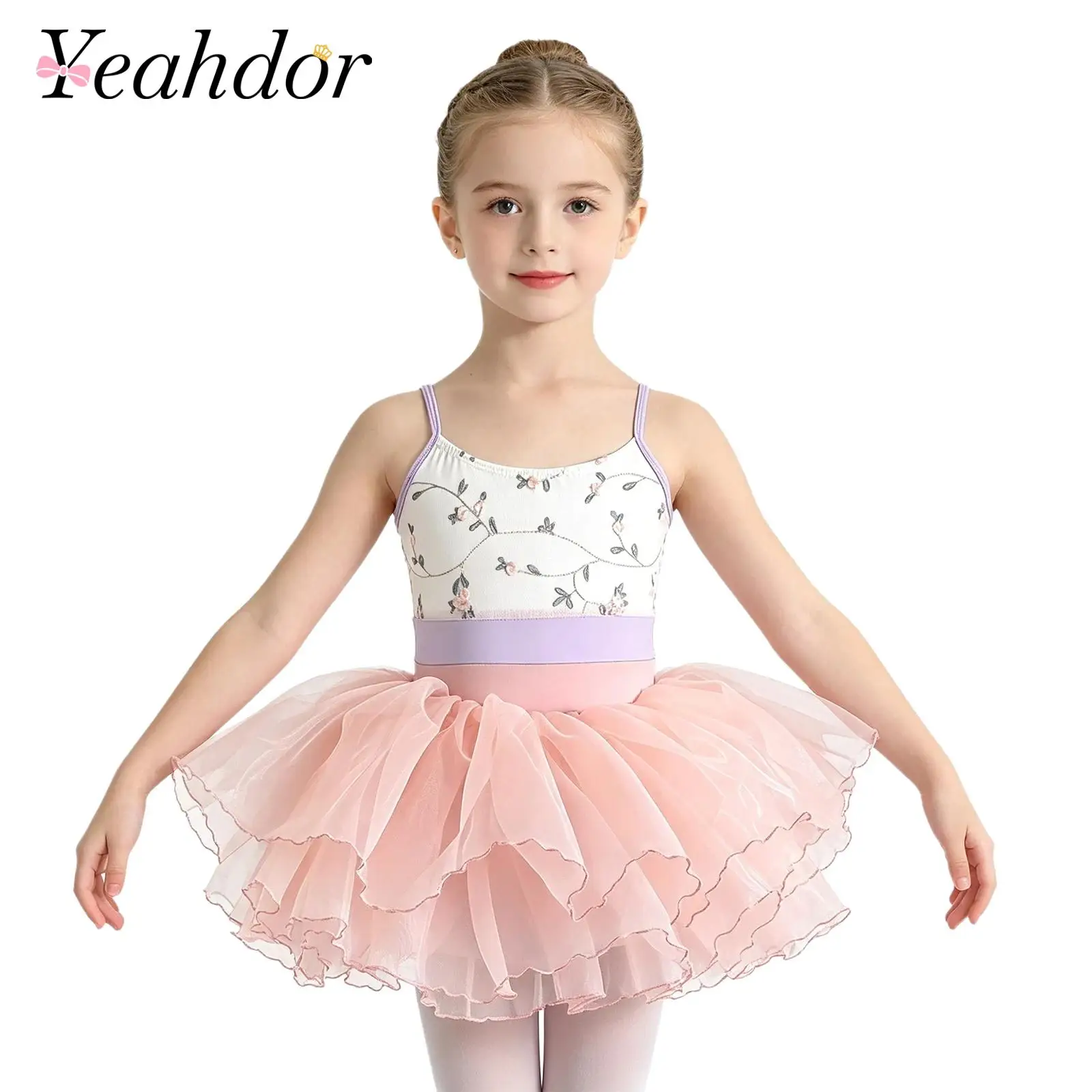 

Kids Girls Ballerina Dance Outfit Sleeveless Floral Spaghetti Straps Leotard with Layered Skirt for Practice Exam Performance