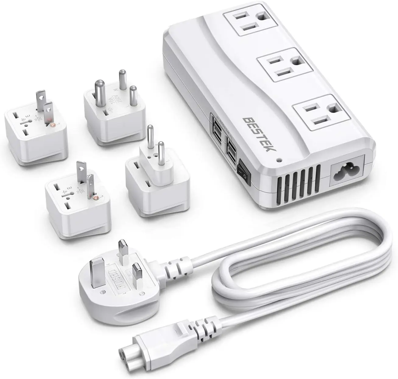 

Universal 250W Travel Adapter 110V/220V with 4-Port USB & 3 AC Sockets (EU/UK/AU/US/India) - White