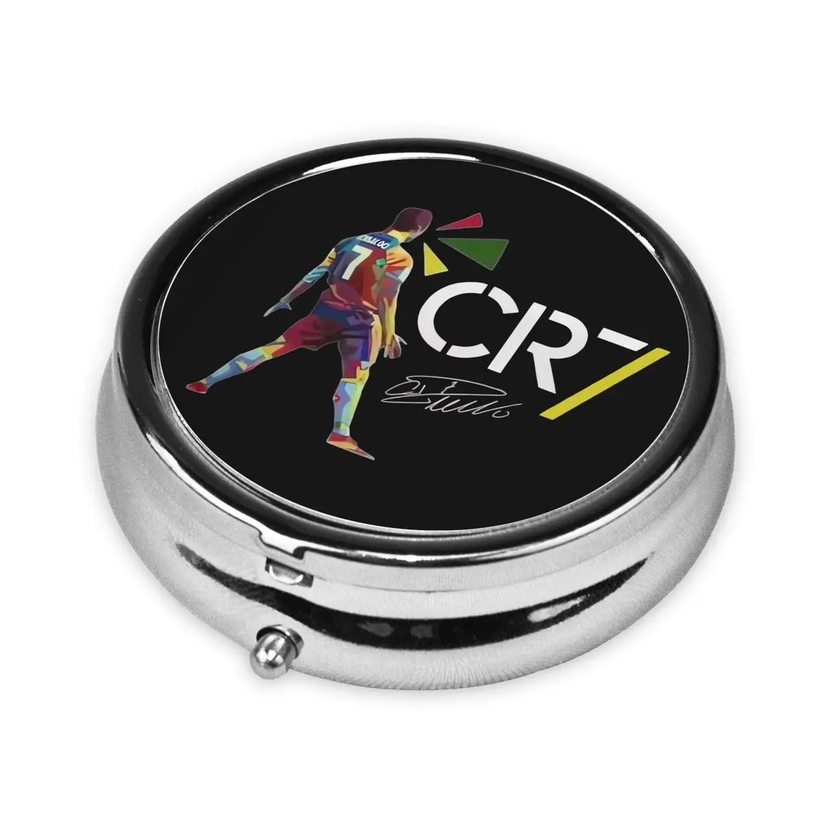 CR7 - Cristiano Ronaldo Pill Box Small Metal Pill Case for Purse & Pocket 3 Compartment Portable Travel Medicine Organizer