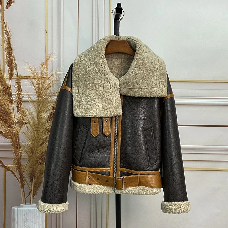 

Imported New Locomotive Autumn Winter Genuine Sheep Skin Leather Fur Coat Women Wool Fur Jacket Short Female Streetwear Luxury