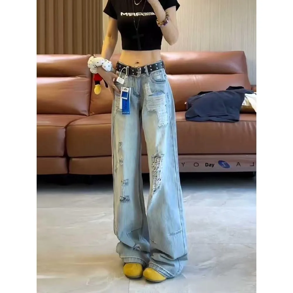 

Осенние тонкие американские джинсы с легким эффектом потертости и рваными элементами, женские свободные прямые широкие брюки в пол, повседневные прямые джинсы