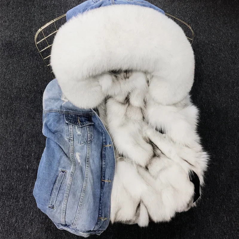 Fox Women Real Super Large Fur 2023 New Korean Parker Cowboy Demin Coat Female Raccoon Fur Collar Winter Jackets Coat