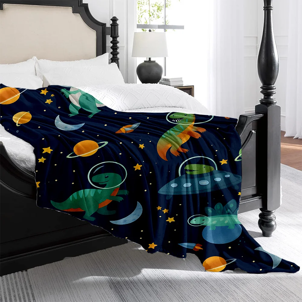 1pc Astronaut Dinosaur & Space-Themed Bedspread - Dark Blue Plush Flannel Blanket with Dino Astronauts, Planets & Stars, All-Sea