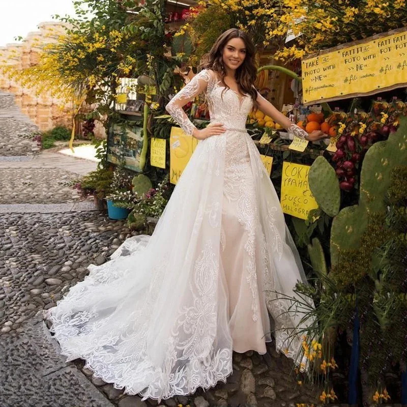 

Customized Luxury Lace Wedding Dress Long Sleeve Sheer V-Neck 2 In 1 Modern Mermaid Bride Gown Detachable Train Vestido