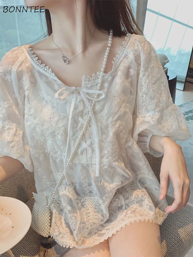 Blouses Women Elegant Design Attractive Leisure Holiday Students Cute Loose Popular Ulzzang Lace Puff Sleeve Tender Comfortable