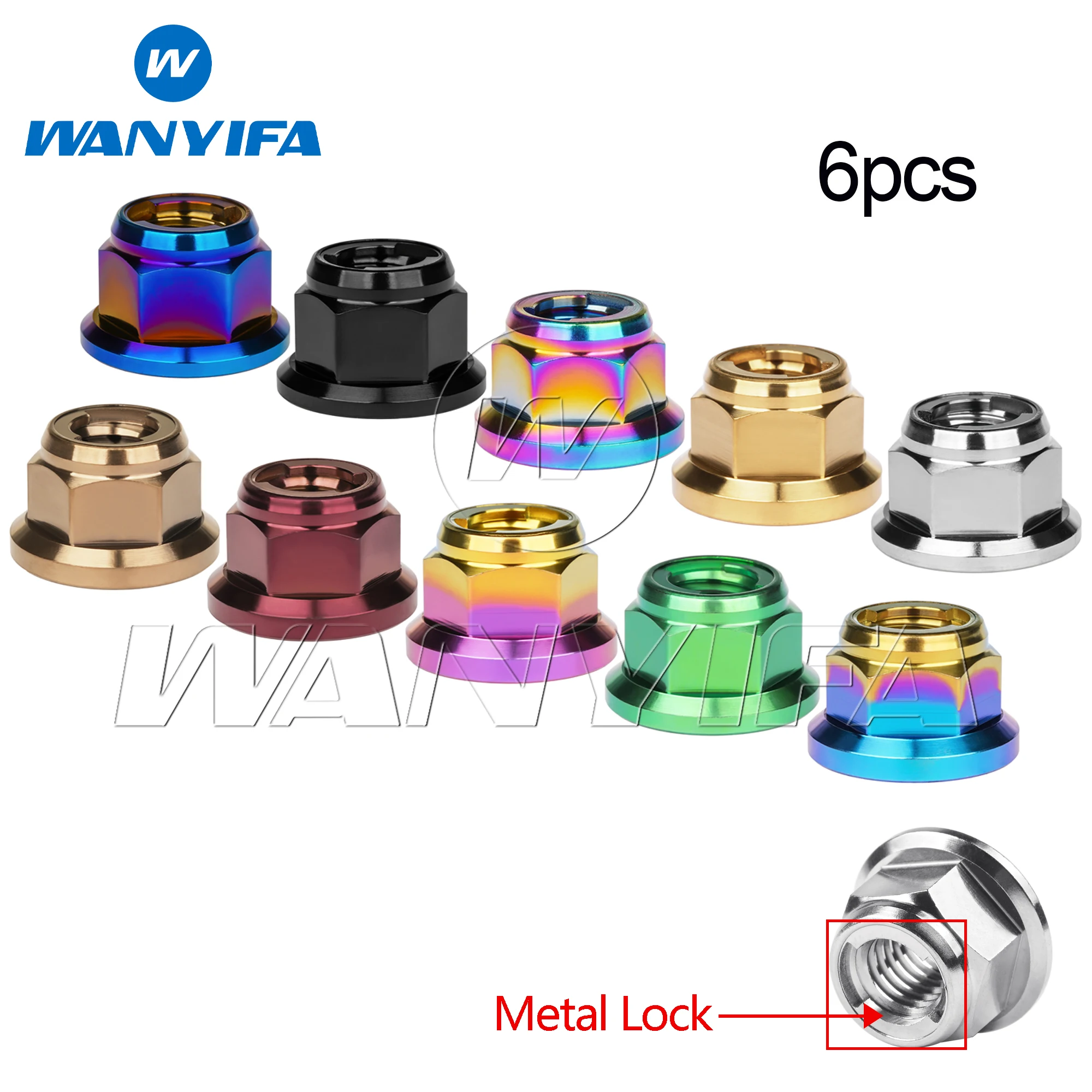 Wanyifa 6pcs Titanium Nuts M6 M8 M10 M12 Flange Hexagon Hex Head Metal Lock Nuts Ti Anti-skid Lock Nut for Motor Bicycle RC Car