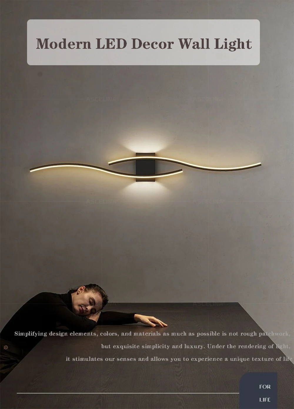 Moderne LED-Wandleuchte, einfache Linien, 60/80 cm, erhältlich in drei Farben, Schlafzimmer, Nachttisch, TV-Wand, Korridor, Innenbeleuchtung – Detail 1