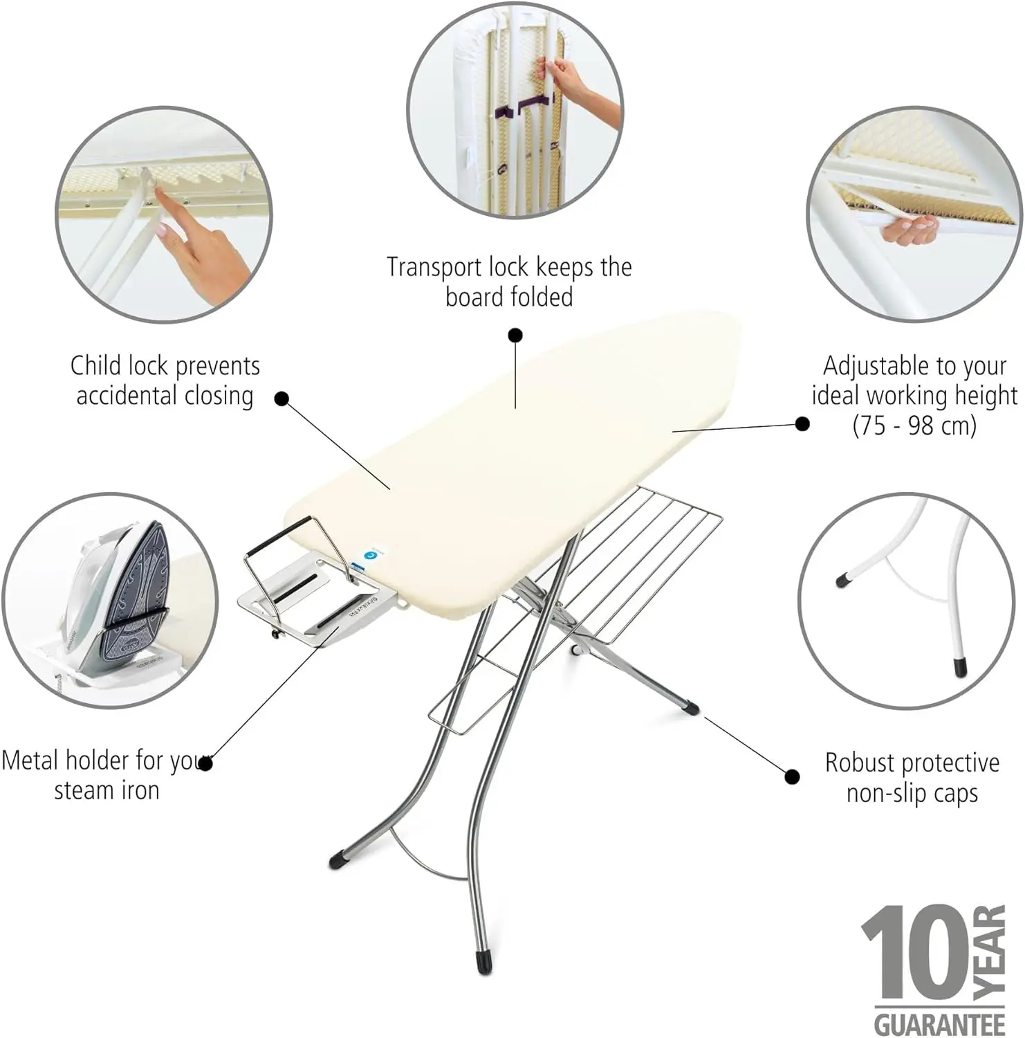 Ironing Board (49 x 18in) 7 Height Options, Adjustable Steam Iron Rest Holder & Linen Rack  Non-Slip Feet