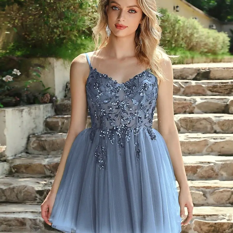 

FATAPAESE Mini Homecoming Dresses Illusion Tulle V-Neck Sleeveless Prom Dress Above Knee Cocktail Party Ball Gowns Formal Clothe