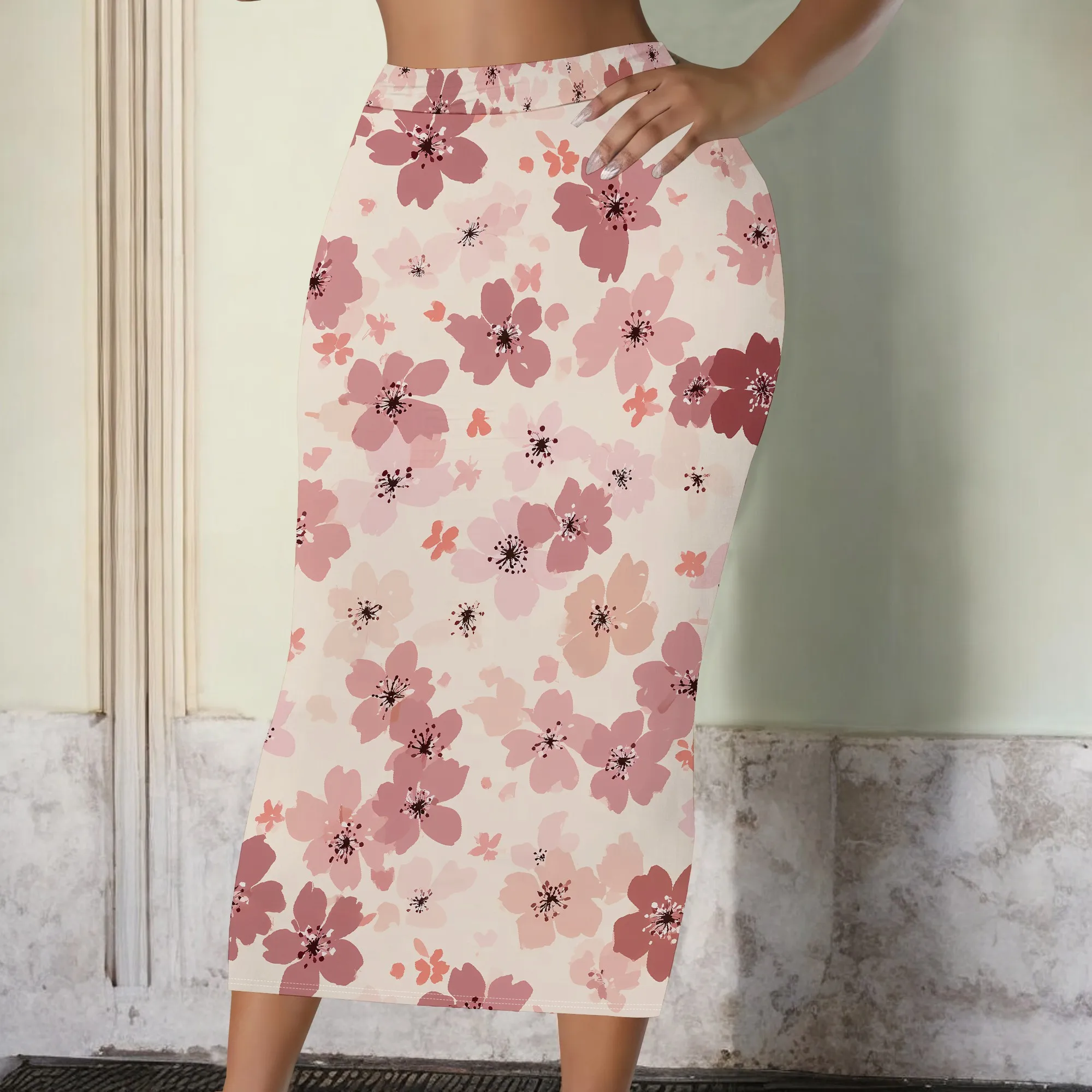 Floral Midi Skirt, Pink Flower Print Pencil Skirt, Elastic Waist A-Line Skirt for Women Office Party Wear S-2XL