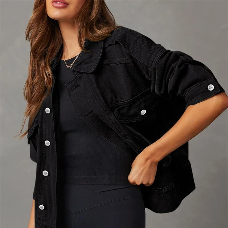 2025 الدنيم الستر المرأة ربيع الخريف قميص نمط جانكوت رداء علوي غير رسمي واحدة الصدر الأسود البني ملابس خارجية معاطف للسيدات الاتجاه