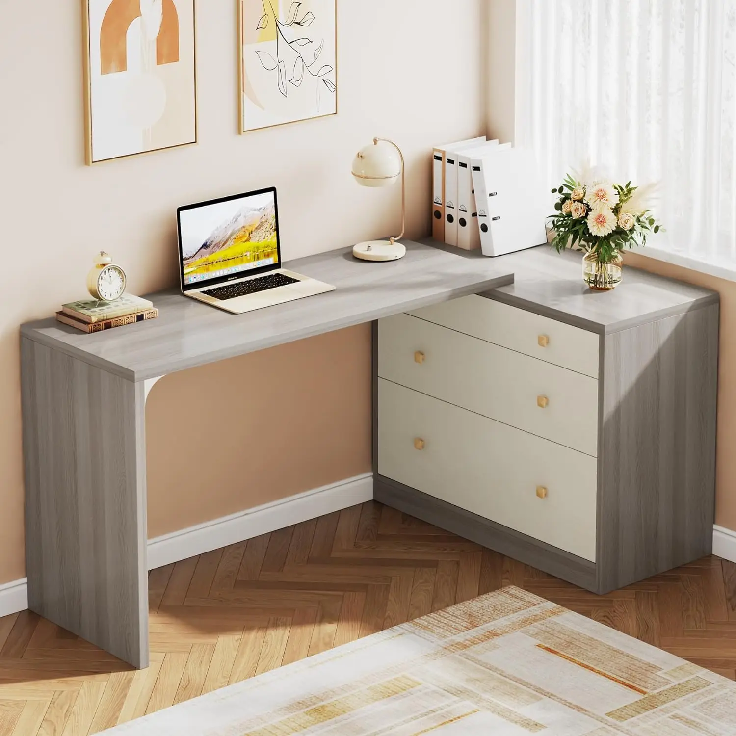 Bureau en forme de L avec égouts de proximité, bureau d'ordinateur d'angle de 63 po avec armoire à fichiers, table d'étude et d'écriture réversible moderne, poste de travail pour la maison