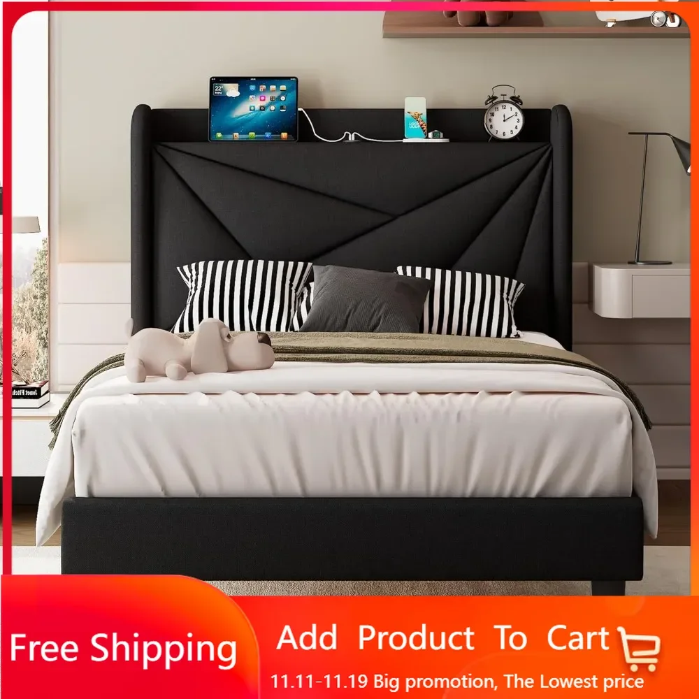 

Twin Bed Frame with Charging Station, Platform Upholstered Bed, Linen Geometric Storage Headboard, Solid Wood Slats Support