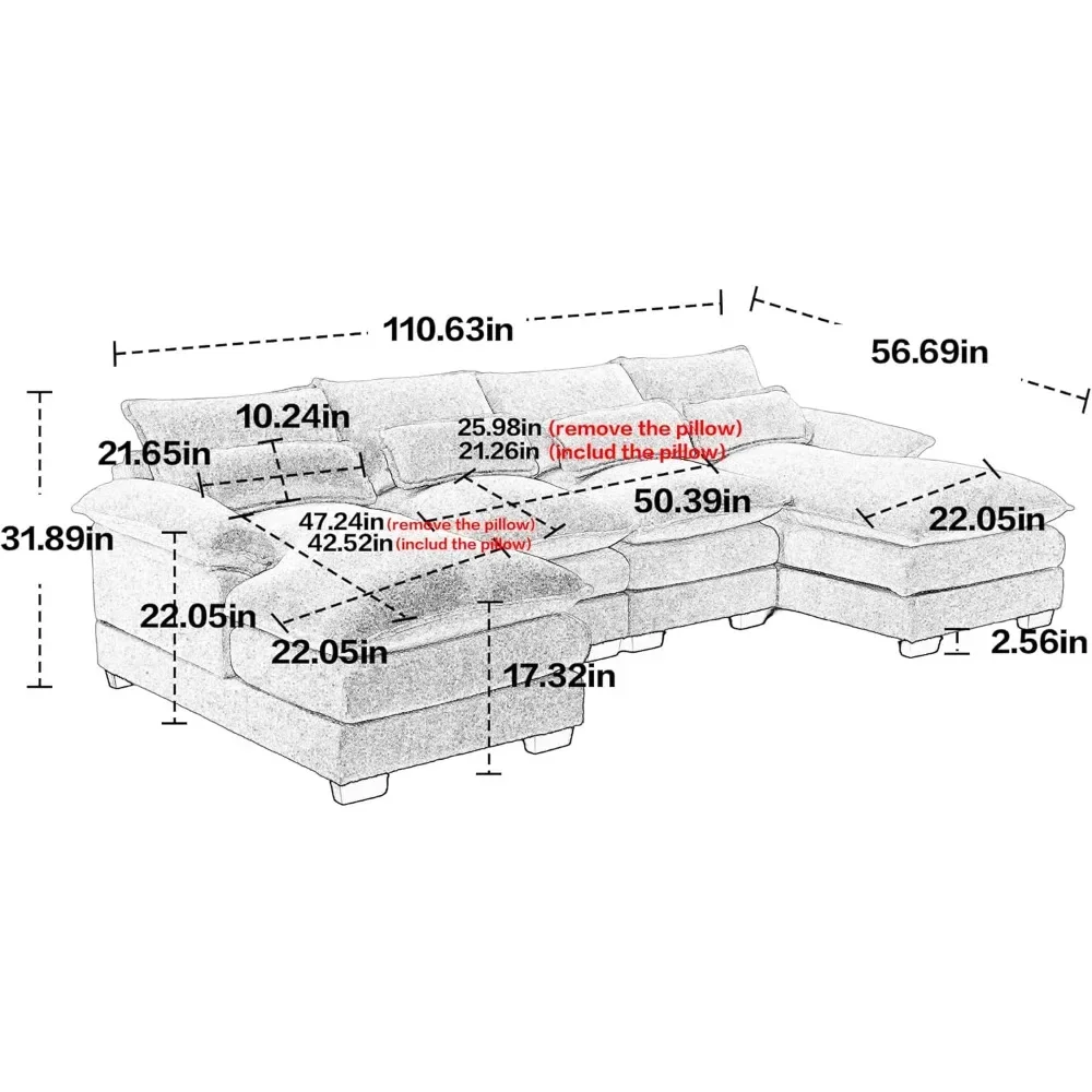 أريكة سحابة مقطعية مكونة من 6 مقاعد مع كرسي مزدوج، أريكة ترفيهية منجدة من الشنيل على شكل حرف U