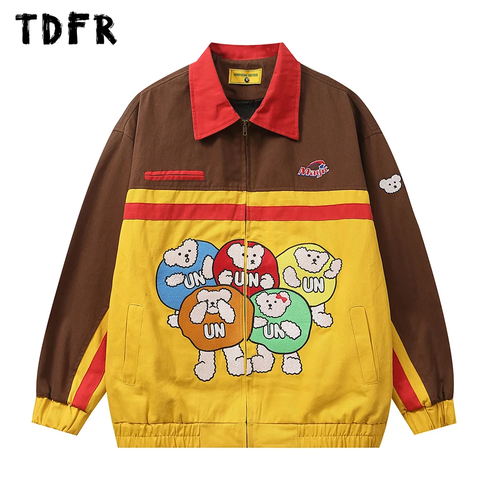 

Little Bear Embroidery Jacket Mens Retro Contrast Paneled Streetwear Autumn Winter Lapel Loose Long Sleeve Outerwear Men