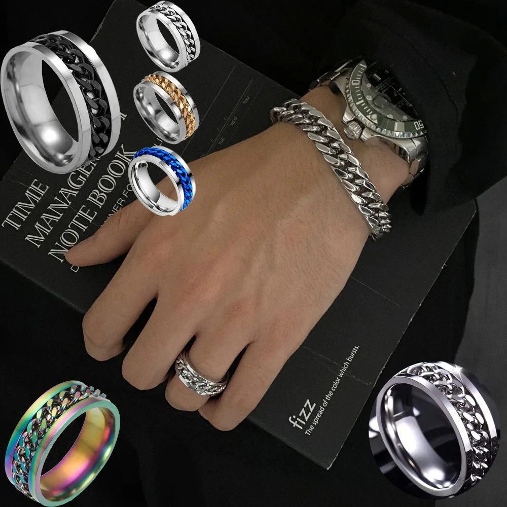8mm Width 7/8/9/10 Stainless Steel Rotatable Chain Ring Multicolor Bottle Opener Men Women Finger Jewelry  Gift Drop Shipping