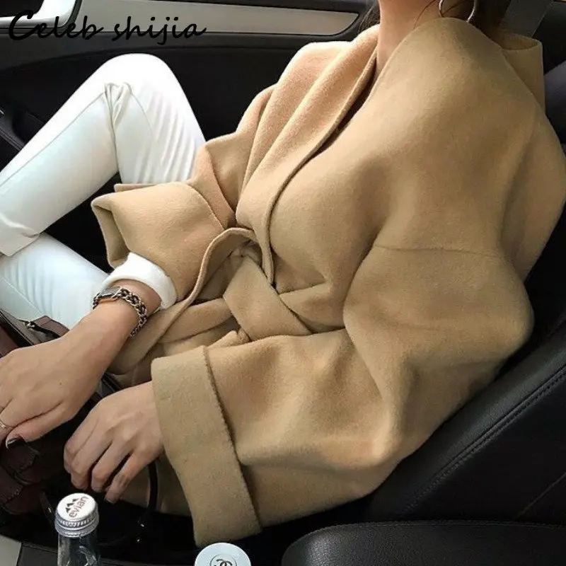 Khaki Thicken Wool Jacket Women V-neck Winter 2023 Chic Loose Blend Coat Female with Belt Autumn Streetwear Warm Outfit