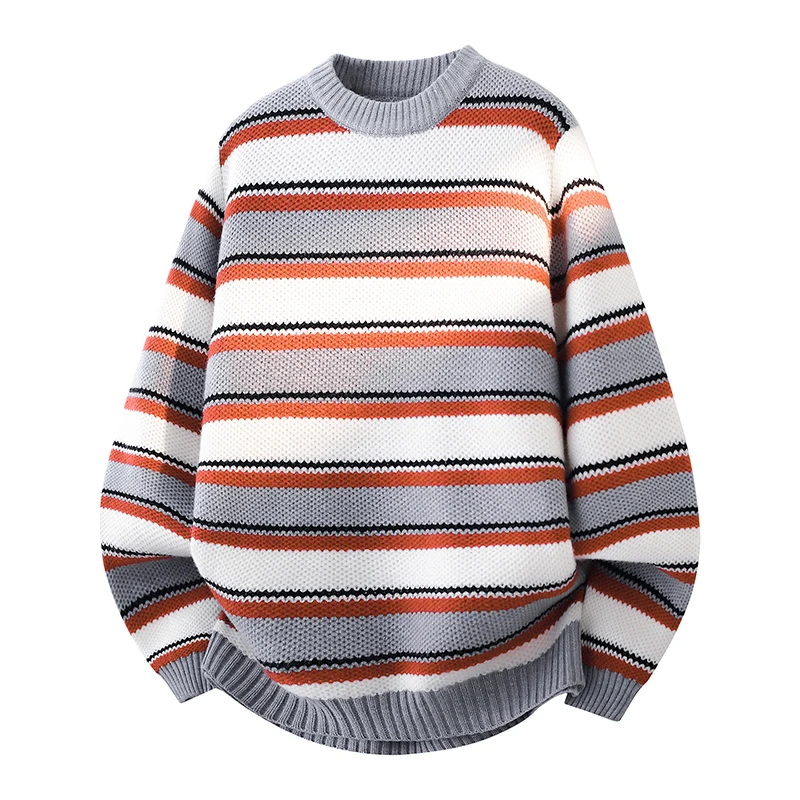 

Trendy Mens Color Block Stripe Wool Sweater Autumn Winter Round Neck Loose Fit Thick Warm Knit Sweater Casual Layering Fashion