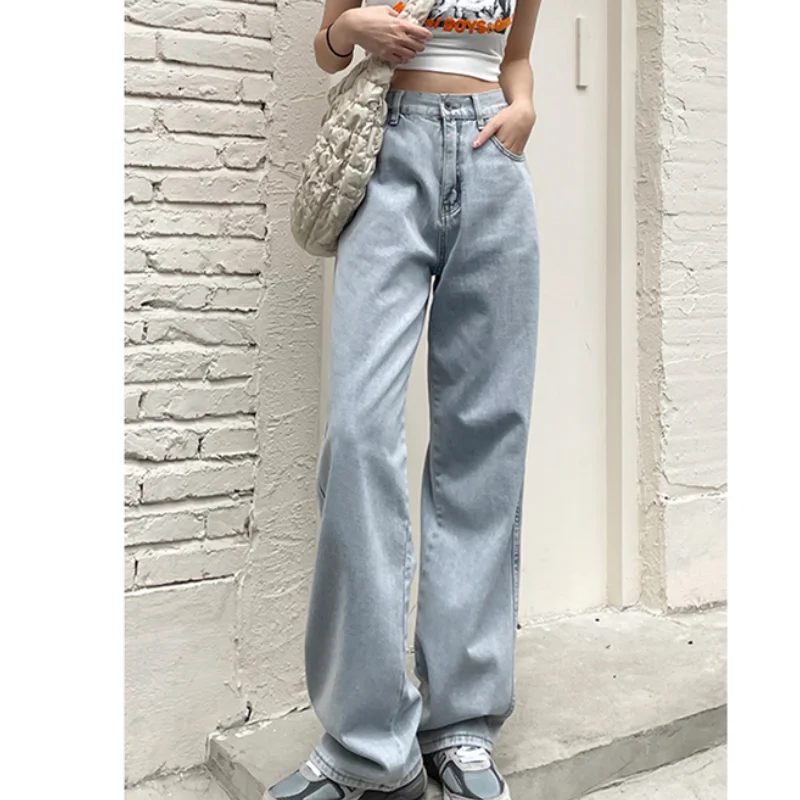 

Women Blue Jeans Contrasting Colors High Waist American Street Wide Leg Pants Fashion Baggy Vintage Straight Autumn New Trousers