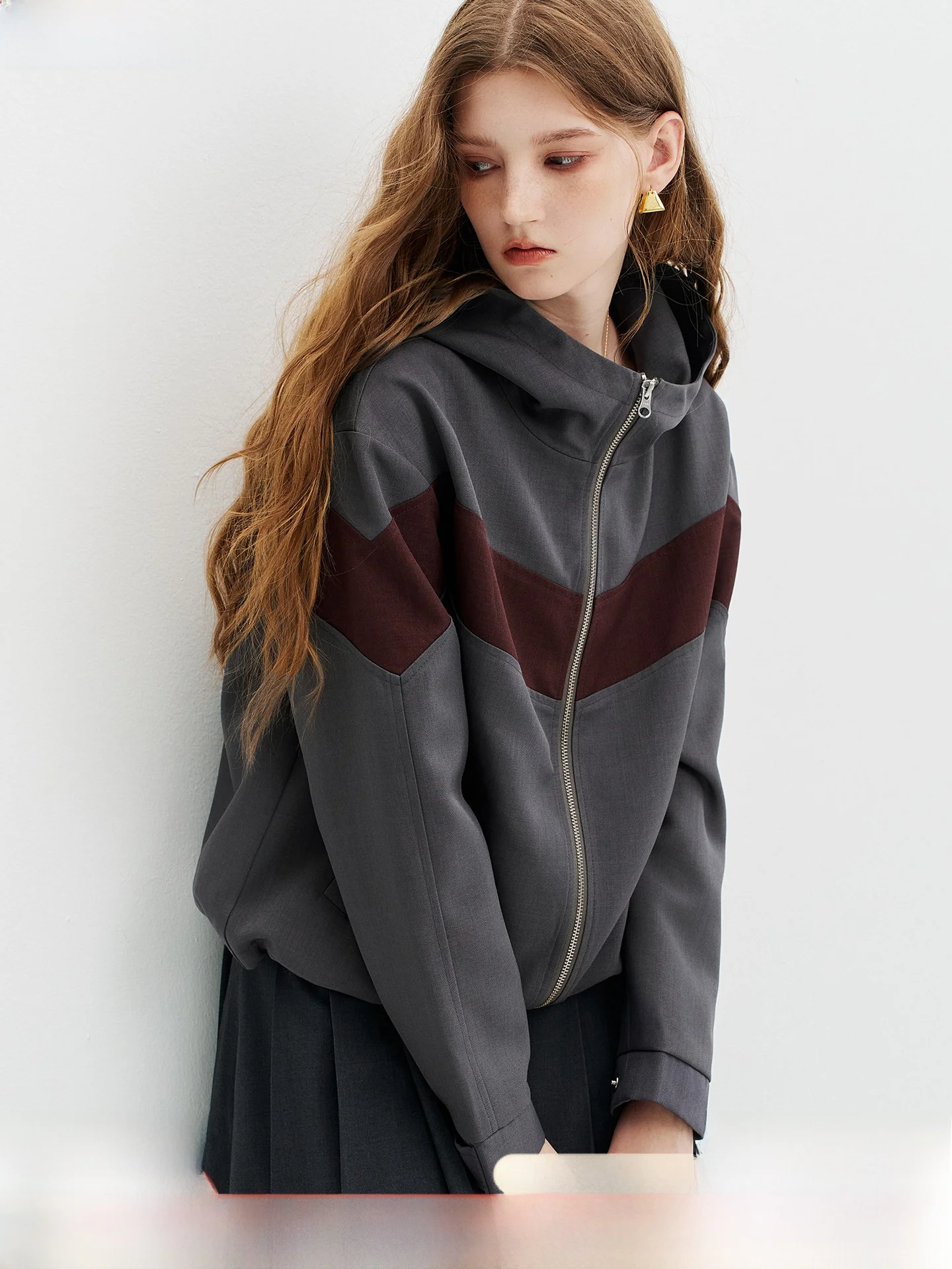 Modern Retro Color Block Hooded Short Jacket Casual Loose Fit Women's Autumn Outerwear Sporty Shoulder Drop Sleeves KUHNMARVIN