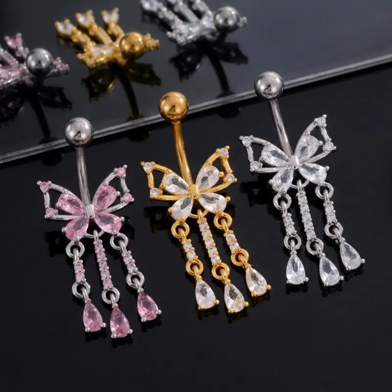 Dangle Butterfly Belly Button Rings Internally Threaded Fade Resistant Smooth Navel Piercing Jewelry for Swimming Activities