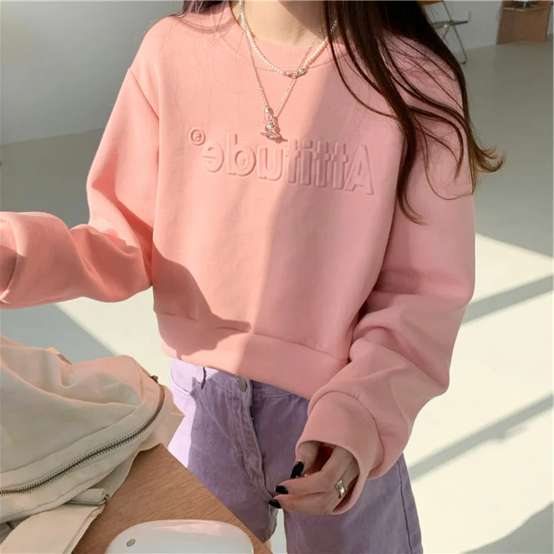 Spring Letter Sweatshirts Women Short Style Simple Sweet Korean Fashion Ins All-match Long Sleeve No Hat Hoodie Feminine Clothes