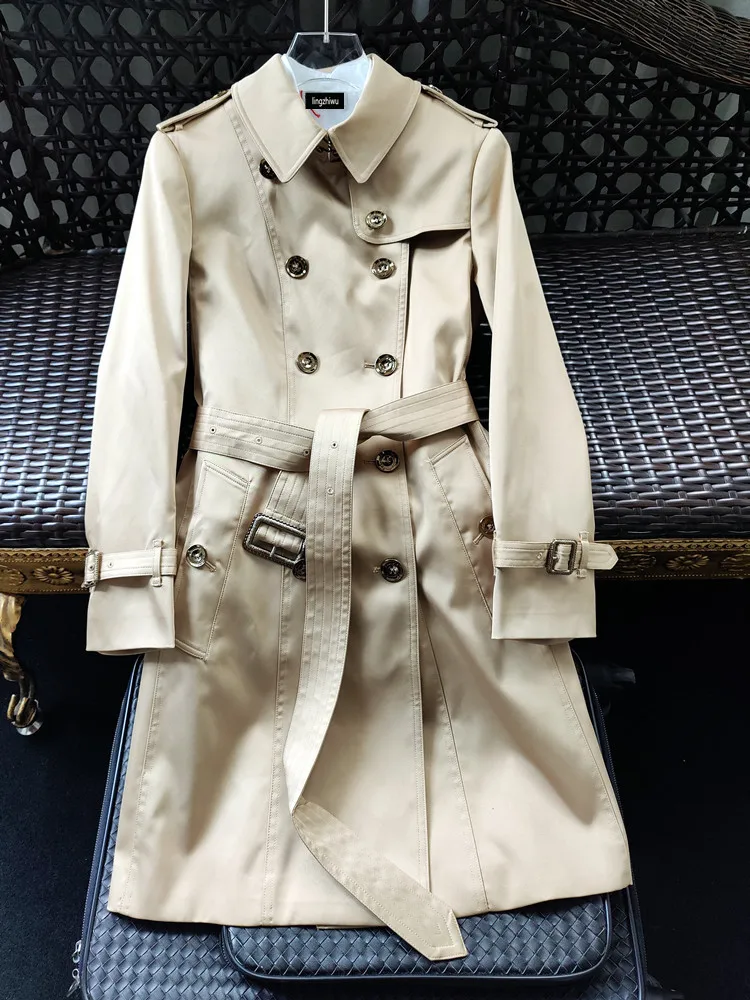 lingzhiwu Trench Coat Spring Autumn Winter Female Mediumn Length Double Breasted Elegant British Top New Arrival