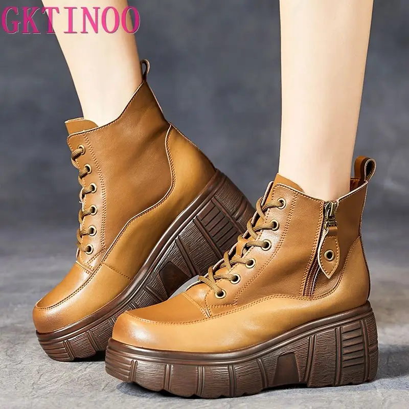 GKTINOO Ankle Women Boots Zip Winter 2024 New Women Shoes Genuine Leather Round Toe Handmade Retro Concise Platform Boots