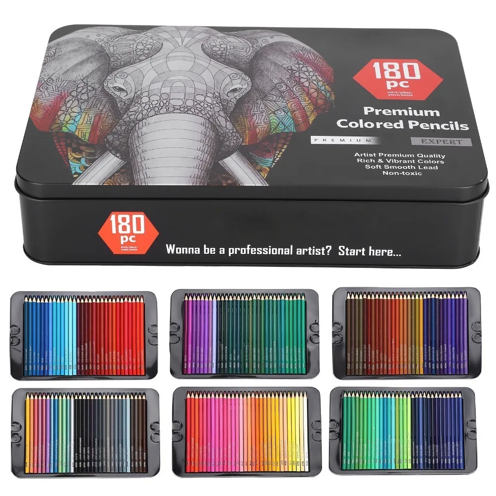 180 Colors Wooden Pencil Set Smooth Writing Core Even Coloring Painting Pencils with Iron Box Adult Drawing Supplies