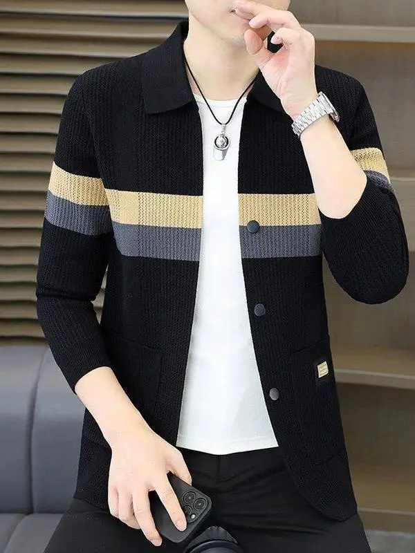 

Faionable Striped Knitted Cardigan Men's Casual Slim Fit Long Sve Collared Sweater Outerwear Sli Youth Color Blo Top