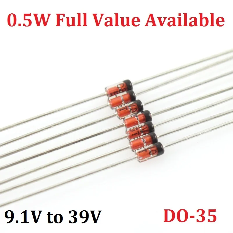 100PCS 1/2W Zener Diode BZX55C 0.5W  9V1 10V 11V 12V 13V 15V 16V 18V 20V 22V 24V 27V 30V 33V 36V 39V 9.1V