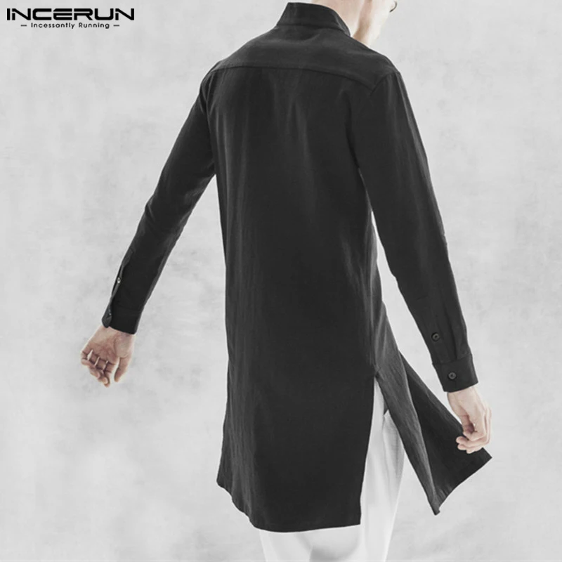 INCERUN 2023 Muslim Style New Men\'s Solid Shirts Fashionable Hot Selling Male Patchwork Standing Neck Long Sleeved Blouse S-5XL