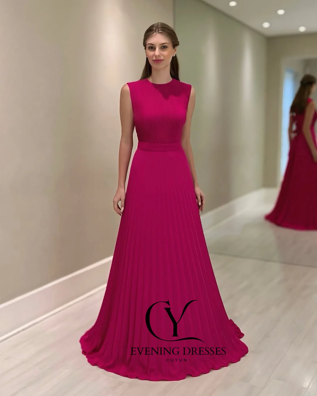 ชุดราตรี CUYUN สีชมพูสดใส คอทรงโอ แขนกุด จับจีบ ทรงเอไลน์  ชุดออกงานหรูหราสง่างาม  ชุดเดรสสำหรับงานวันเกิดผู้หญิง ปี 2025  รับตัดตามสั่ง